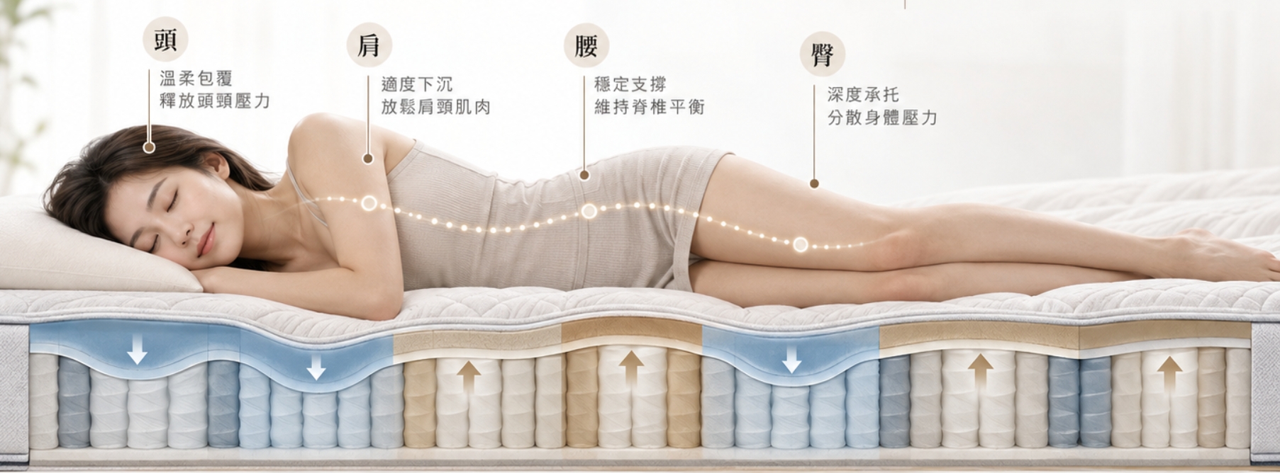 FALOMO 七段式分區支撐示意:頭肩下沉、腰部撐住,維持脊椎自然線條